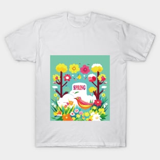 Blooming Spring Delight: Vibrant Flowers and Playful Birds Art Print T-Shirt